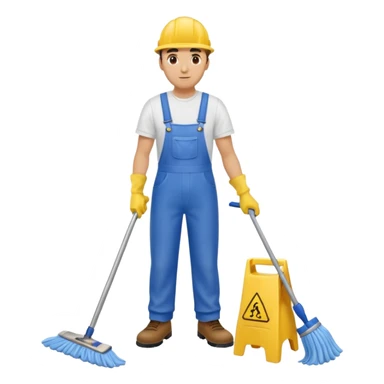 Custodian with yellow rubber gloves, white T-shirt, blue overalls, mopping floor sticker