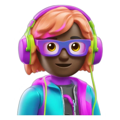 Playmobil wearing neon light clothes, having headphones sticker