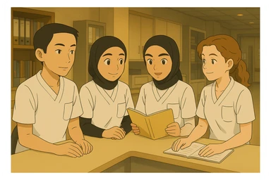 Create a team scene precisely inspired by the four nursing students in the provided photos, interacting in a care station, Ghibli style. White uniforms, V-neck medical tunics, left chest pocket, short sleeves, no classic collar, no visible accessories. Collaborative and caring atmosphere. sticker