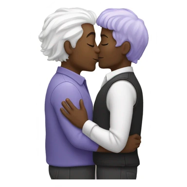 Two men kissing, one of them black and the other white with lavender hair sticker