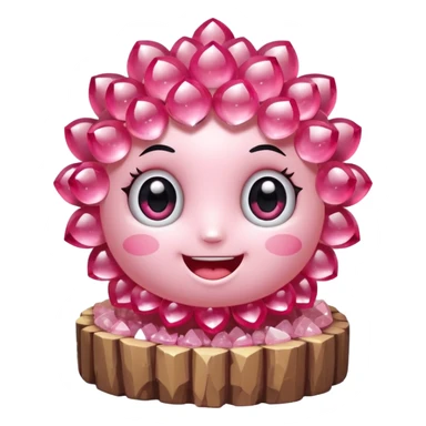 A single cute pink crystal cluster character, chunky round base with many tall rose-pink crystal quartz cluster imperfect, on the front of the base a kawaii face with big shiny eyes and a happy open smile very shiny and nothilng else sticker