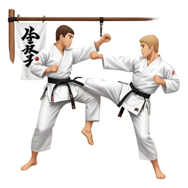 Two karate fighters in traditional gi sparring. One executes a high kick aimed at the opponent’s head, while the other blocks with a strong hand defense. The background features a classic dojo with wooden flooring and banners. Dynamic motion and focused expressions. Transparent background. sticker
