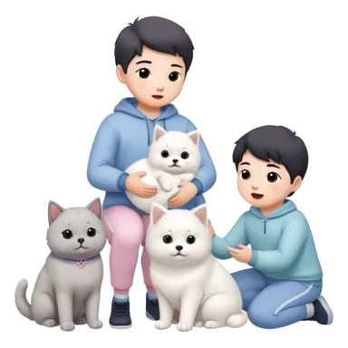 children in pastel clothes play with a Samoyed and a black British cat sticker