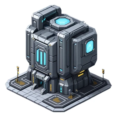 StarCraft-inspired, isometric RTS building with a rugged Terran look: thick metal plating, rivets, subtle wear, and a gunmetal palette plus one accent color. Add minimal glowing panels for a high-tech feel. Keep it compact—like a forward outpost—and show it from a clean isometric angle, emphasizing an industrial sci-fi style and clear silhouette. sticker
