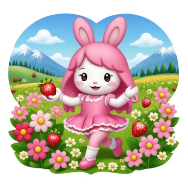 My melody dancing in a meadow of flowers while eating a strawberry sticker