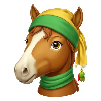 a fabulous funny winter horse in a green bandana hat with a yellow scarf sticker