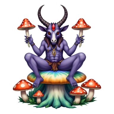 Baphomet sitting on a tiedye mushroom sticker