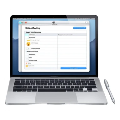 online booking system on MacBook screen next to an old-style paper notebook with a pen sticker
