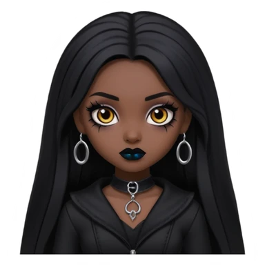 dark skin, goth bratz baddie, beautiful brown eyes, gothic black makeup, long black hair, black gothic hair styled, black goth clothes sticker