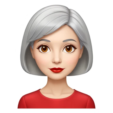 Sophisticated 70s woman with silver-gray bob cut, fair skin, almond eyes, distinctive cheekbones, wearing red lipstick and red blouse, warm friendly expression sticker