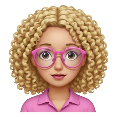 Innocent blonde woman with black eyes, curly hair and light skin and pink glasses and freckles  sticker