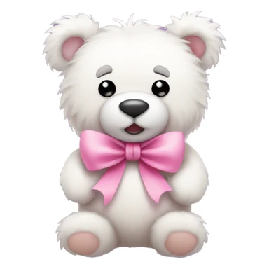 white fluffy teddy bear wearing a pink bow and holding a pink hart sticker