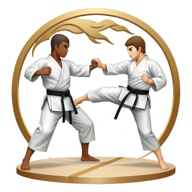 An icon symbolizing traditional Karate, featuring two opponents in a fierce battle. One fighter is delivering a high kick, while the other blocks the attack with a strong defense. The background reflects the calm yet intense atmosphere of a dojo, with traditional elements. Transparent background  sticker
