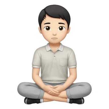 Cartoon Asian boy sitting cross-legged, clearly resting his closed fist against his cheek, looking thoughtful with a slight smirk. White polo, gray pants, black shoes, large eyes, short black hair. Clean vector style, flat colors, black background. sticker