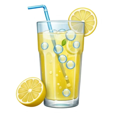 lemonade glass with bubbles, ice, and a lemon slice sticker