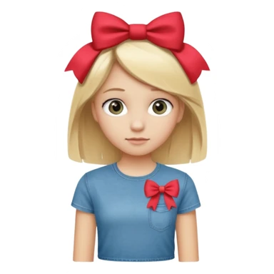 14 years old girl, with blonde hair, grey eyes. Wearing t-shirt and jeans. Wearing a bow sticker