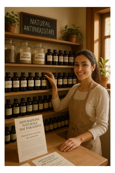 A realistic, well-lit herbal supplement store interior with wooden shelves neatly displaying glass jars and bottles labeled as ‘Chiodi di Garofano’, ‘Acido Butirrico’, and ‘Semi di Pompelmo’, organized in a clean and aesthetic manner. Small handwritten chalkboard signs indicate ‘Natural Antiparasitic Supplements’ above the section. The environment feels warm and trustworthy, with potted green plants adding freshness and a subtle sunlight entering through a window. A young shop assistant with a welcoming smile arranges the products, while informational leaflets about natural parasite cleansing are visible on a wooden counter, creating a holistic and health-conscious atmosphere in Italiano sticker
