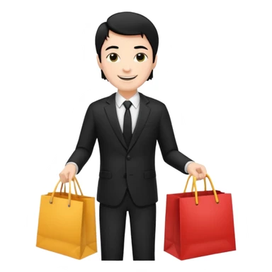 a white man black hair in a black suit with clothing shopping bag sticker
