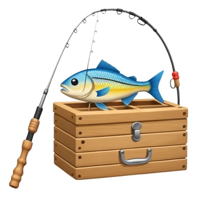A fishing rod with reel and line neatly coiled beside a bait box. sticker