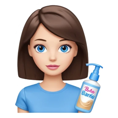 Barbie girl with makeup, blue eyes , and bob long haircut, short brown hair in creamy color T-shirt, face Wash Cream sticker