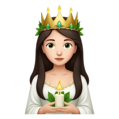  saint lucia with dark brown hair with a white gown and a crown made from greenery with candles on the crown sticker