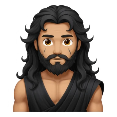 Hades from Olympus Gods with long black wavy hair and beard, black loincloth sticker