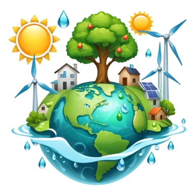 An icon featuring a green Earth, a tree, recycling symbols, and renewable energy sources like wind turbines, solar panels, and hydropower. The design includes animals, water droplets, and the sun, representing ecology, sustainable energy, and environmental protection. Transparent background. sticker