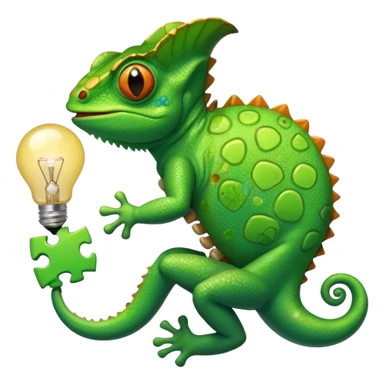 cameleon qui tien une piece de puzzle dans une main et une ampoule dans l'autre et un cerveau sur la langue sticker
