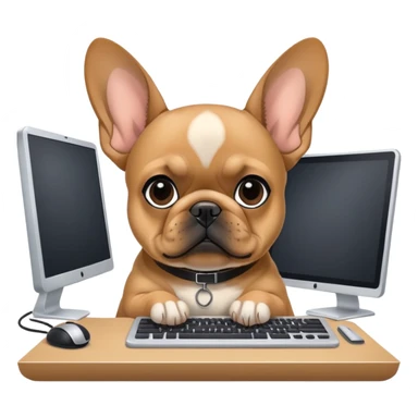 Fawn Frenchie with black muzzle working behind computer sticker