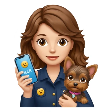 woman with long brown wavy hair holding a Yorkshire Terrier, with an iPhone and a sale badge, emoji style sticker