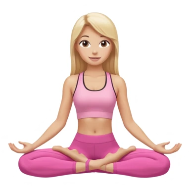 Mujer color de piel moreno con cabello rubio suelto y lacio y largo, que tenga gloss en los labios y se vea usando Blush rosita, usando un top rosa deportivo y leggins deportivo rosa en una pose de yoga sentada, viendo hacia enfrente con ojos negros y sonriendo sin mostrar los dientes sticker