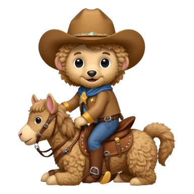 Mini golden doodle wearing a saddle with a finger monkey on its back wearing a cowboy costume sticker