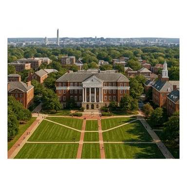 cinematic realistic emoji of College Park, Maryland, city view with University of Maryland campus, Washington DC skyline in the background, lifelike detail, accurate colors, bright daytime, no sky, no clouds sticker