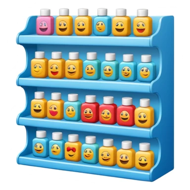 emoji of front view beauty product shelf with last item with brand label sticker