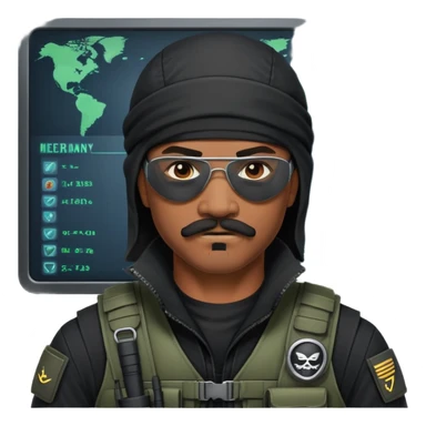 african-american mustache mercenary black asymmetrical eyepatch ninja hacker terminal command center sticker