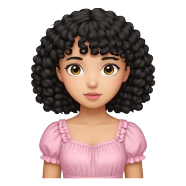 uma menina fofa de pele oliva e cabelos pretos encaracolados e com franja encaracolada e um vestido rosa pastel sticker