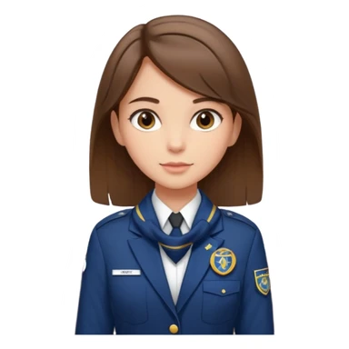 Young girl, straight hair, wearing uniform jacket with hotel name badge, tasteful scarf, stand behind the desk sticker