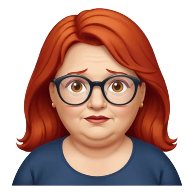 obese; older 50's ; long red hair ; women hazel eyes; glasses sticker