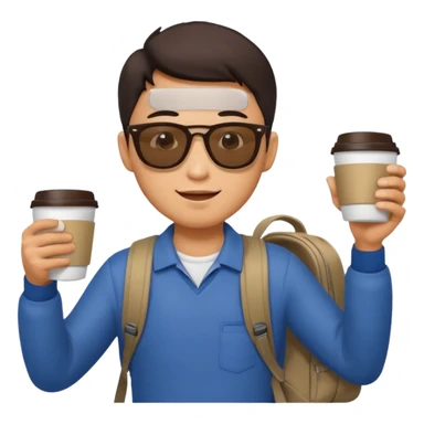 An asian man wearing sunglasses and carrying a backpack, holding a cup of coffee and waving his hand (in greeting) sticker