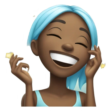 A cute, cheerful black girl laughing, covering her mouth and eyes closed in joy, surrounded by light blue sparkles sticker