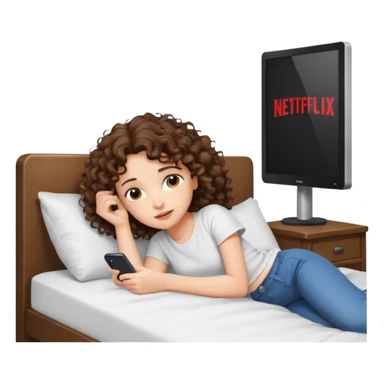 A girl, brunette with curly hair down to her shoulders, watching TV. Have her lie down on the bed, and put on Netflix on the TV. She walks by with her back to the camera, looking at the TV. sticker