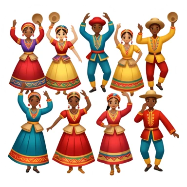 Icon for Folk Dance: a group of men and women 4-5 persons in vibrant national costumes, performing a traditional dance. Some dancers hold castanets and tambourines, capturing the energy and cultural heritage of folk dance. Transparent background. sticker