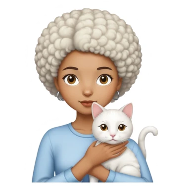 a mixed-race girl with a short afro carrying an all-white cat. sticker