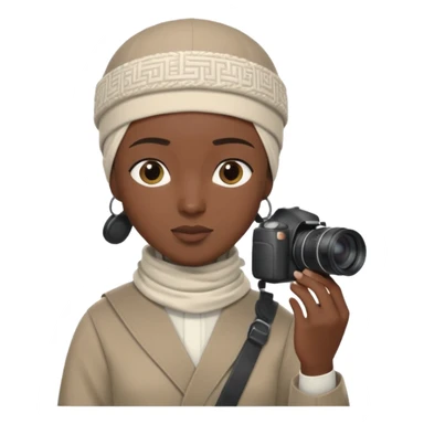 Black Muslim photographer, dark skin tone, dressed in a modest modern outfit, kufi cap, holding a DSLR camera (Canon/Nikon), focused expression, outdoor photoshoot setting, clean depth of field, highly realistic, detailed portrait, 4K. sticker