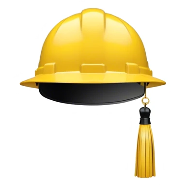 A bright yellow hard hat, viewed from the front, with a small black tassel hanging from the center, combining the look of a construction helmet with a graduation cap. The helmet has visible ridges for reinforcement, a slightly glossy finish, and a sturdy design. The tassel drapes down slightly to the right, adding a formal academic touch. The background is plain white. sticker