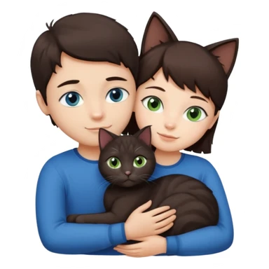 Crea un emoji donde salga un chico de pelo moreno con los ojos claros, una chica de pelo morena con los ojos marrones y UN gato europeo comun de pelaje oscuro y ojos verde claro, quiero que se esten abrazando el chico y la chica, y el gato este en el medio de los dos sticker