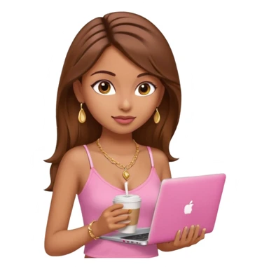 a pretty fair indian bratz girl with brown hair. with a pink cami top, drinking takeaway brown coffee, golden dainty necklace and carrying a white laptop sticker