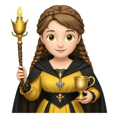 Helga Hufflepuff,the Hogwarts founder of Hufflepuff,brown-haired,2braids,yellow-black medieval dress with black cloak decorated with gold braiding,flickering magic wand and tiny two-handled shiny gold cup engraved with the badger silhouette,very kind smile,curvy busty sweet  sticker