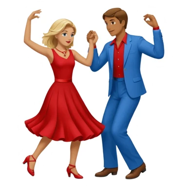 Two people. Man  wearing all red  with brown hair. Women iall blue with blond hair. Swing Dancing.  sticker