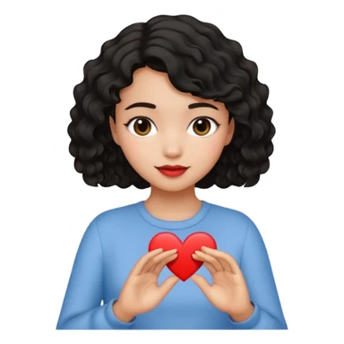 chica de cabello negro, corto y ondulado, haciendo un corazón con la mano, estilo emoji de iPhone, gesto simpático sticker